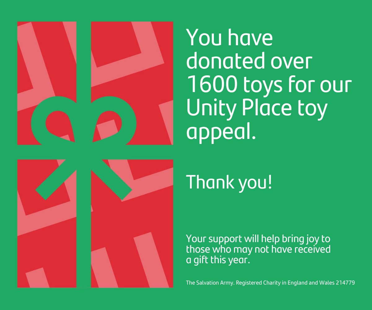 Unity Place MK (@unityplacemk) on Twitter photo Sending a huge thank you to those who supported the Unity Place Toy Appeal for <a href="/salvationarmyuk/">The Salvation Army</a> and donated 1600 toys to the children who may not receive a gift this year. We couldn't have done it without you, together we share the festive joy & spread kindness in the community. Sending a huge thank you to those who supported the Unity Place Toy Appeal for <a href="/salvationarmyuk/">The Salvation Army</a> and donated 1600 toys to the children who may not receive a gift this year. We couldn't have done it without you, together we share the festive joy & spread kindness in the community.