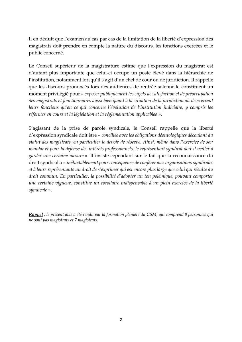 Communiqué du Conseil supérieur de la magistrature : avis au garde des Sceaux du 13 décembre 2023. Le texte de l'avis est accessible dans son intégralité sur le site internet du Conseil.