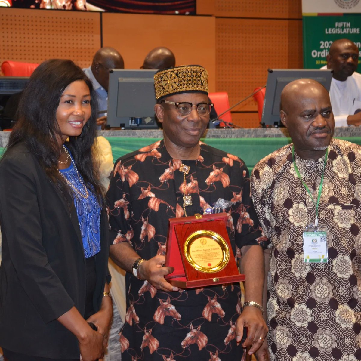 AWALCO present awards to the Hon. Speaker of the ECOWAS Parliament, Rt. Hon. Sidie Mohamed Tunis, Hon. Fatoumata Njie, Hon. Awaji-Inombek Abiante, and Hon. Abdoulaye Vilan for their Outstanding performance in the 5th Legislature.