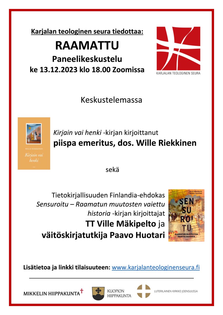 Tervetuloa tänään 13.12. klo 18 seuraamaan KTS:n järjestämää Raamattu-paneelia Zoomissa!
Paneelissa keskustelevat emerituspiispa, dos. Wille Riekkinen, TT Ville Mäkipelto ja väitöskirjatutkija Paavo Huotari. 
Linkki tilaisuuteen löytyy sivulta karjalanteologinenseura.fi