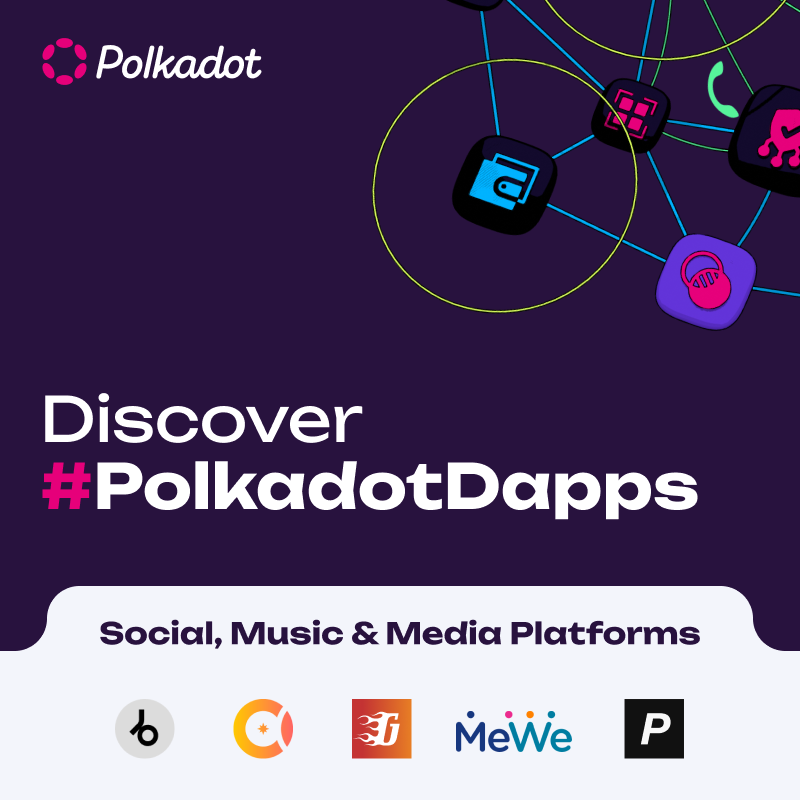 Polkadot's tweet photo. Discover the next generation of social and media platforms with #PolkadotDapps. Experience transparency, privacy, and endless possibilities for content creation and connections. Join the revolution today and redefine your online experience! 👇