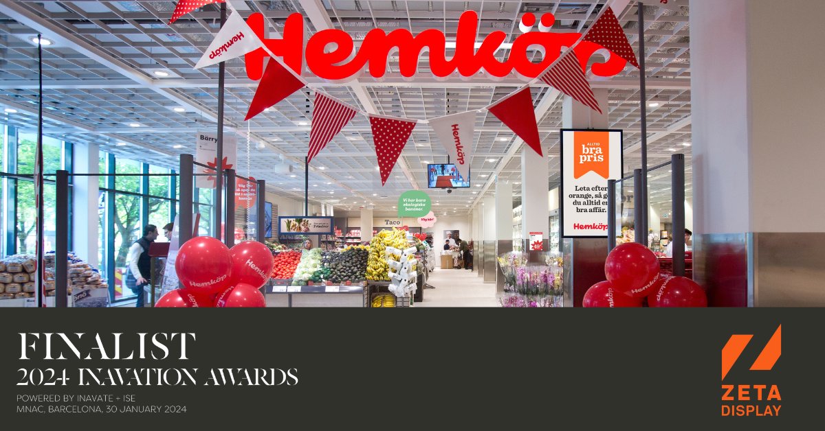 zeta_display's tweet photo. We are proud finalists in the @inavate Awards! 🏆
Recognised in the prestigious Projects and Technology of the year - Retail category for our innovative, business oriented, digital signage concept for leading grocery retailer #Hemköp🤞for a win @ISE_Show #inavationawards #ISE2024 https://t.co/7Kq2N93HVU