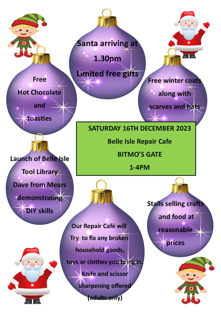 There's lots happening at BITMO this Saturday 1-4pm! Free toasties & hot chocolate, Santa from 1.30pm with presents for Belle Isle kids, free winter coats, launch of Belle Isle Tool Library, food & craft stalls at fair prices & our repair café now with knife & scissor sharpening!