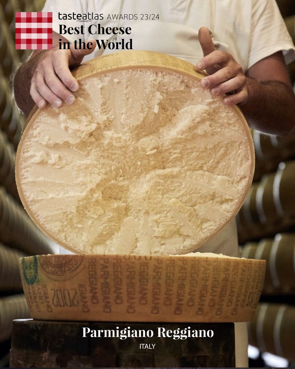Parmigiano Reggiano 🇮🇹 is the best cheese in the world in 2023. View complete TasteAtlas Awards 23/24 lists: tasteatlas.com/best/cheeses

Considered to be among the world's top-quality cheeses, Parmigiano Reggiano is made with raw, semi-skimmed milk from cows grazing on fresh grass
