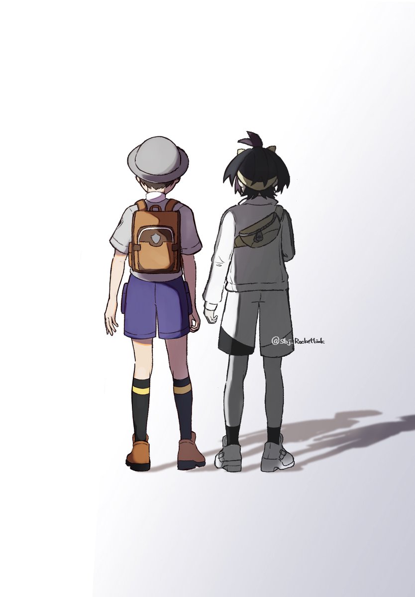 florian (pokemon) ,kieran (pokemon) shorts 2boys multiple boys grey headwear socks male focus shirt  illustration images