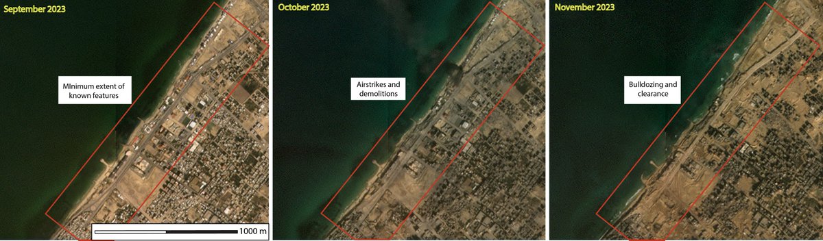 Anthedon is one of #Gaza's most important sites, currently on #UNESCO tentative list. Its multiperiod features are found on land, eroding on the coast &amp; underwater. Recent imagery shows a large segment of Anthedon cleared after airstrikes in October 2023 (as well as 2014 &amp; 2021).