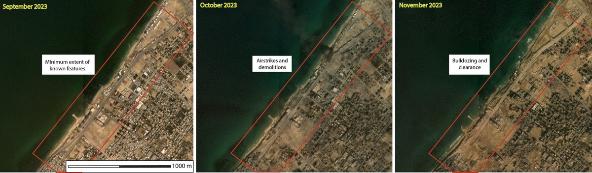 Anthedon is one of #Gaza's most important sites, currently on #UNESCO tentative list. Its multiperiod features are found on land, eroding on the coast & underwater. Recent imagery shows a large segment of Anthedon cleared after airstrikes in October 2023 (as well as 2014 & 2021).