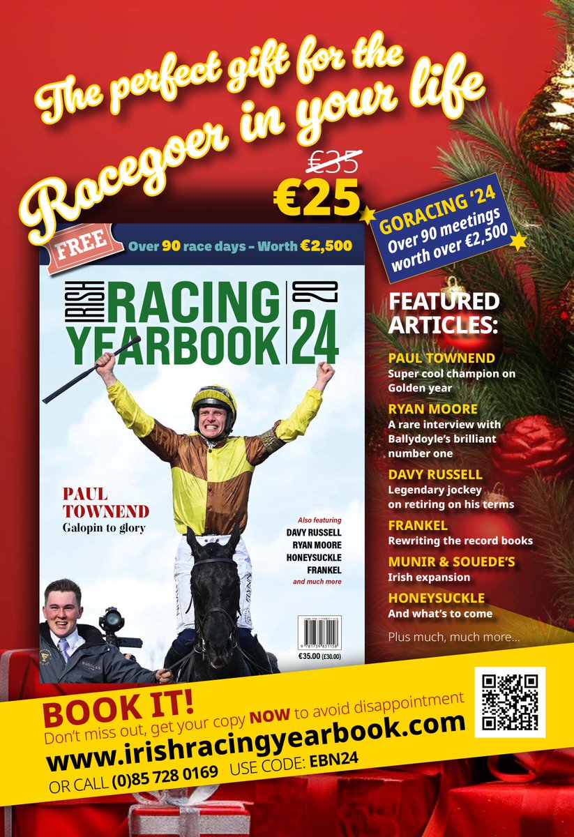 🎁 The perfect gift for the Racegoer in your life 🎁 🎄 The @IRYOfficial is now only €25 Featured articles on Paul Townend, Ryan Moore, Davy Russell, Frankel, Munir & Souede's, Honeysuckle & many more... Don't miss out, get your copy NOW 👉 irishracingyearbook.com