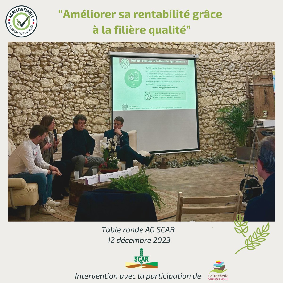« Améliorer sa rentabilité grâce à la filière qualité : du projet à l’action » : intervention lors de l'AG de la SCAR avec La Tricherie🌾
Merci à la SCAR pour l’invitation, ainsi que pour les échanges très intéressants. 
#agriconfiance #coopérative #agriculturefrançaise #céréales