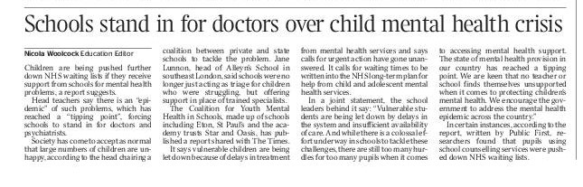 Eton, Wellington, Alleyn's and the Oasis and Star academy trusts warning that child mental health crisis is at 'tipping point' - with some pupils less likely to be seen by medical professionals if they're getting school support