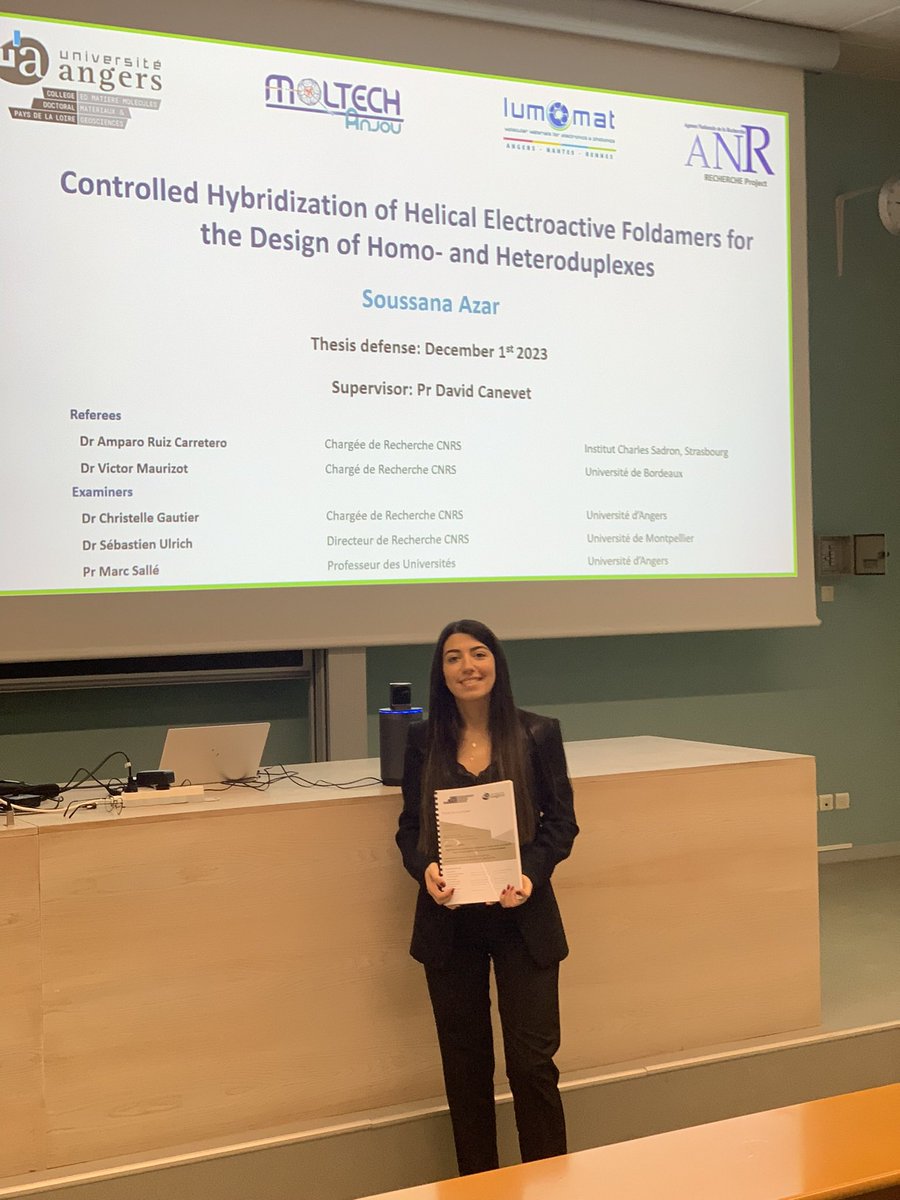 Soussana azar (@soussanaazar) on Twitter photo Thrilled to share that i have successfully defended my PhD thesis on 1st December in <a href="/MOLTECH_Anjou/">MOLTECH-Anjou</a> <a href="/UnivAngers/">Université d'Angers</a>.
Many thanks to my supervisor <a href="/D84Ka/">David Canevet</a> for your support along these years, the jury members, our collaborators, friends and family! Thrilled to share that i have successfully defended my PhD thesis on 1st December in <a href="/MOLTECH_Anjou/">MOLTECH-Anjou</a> <a href="/UnivAngers/">Université d'Angers</a>.
Many thanks to my supervisor <a href="/D84Ka/">David Canevet</a> for your support along these years, the jury members, our collaborators, friends and family!
