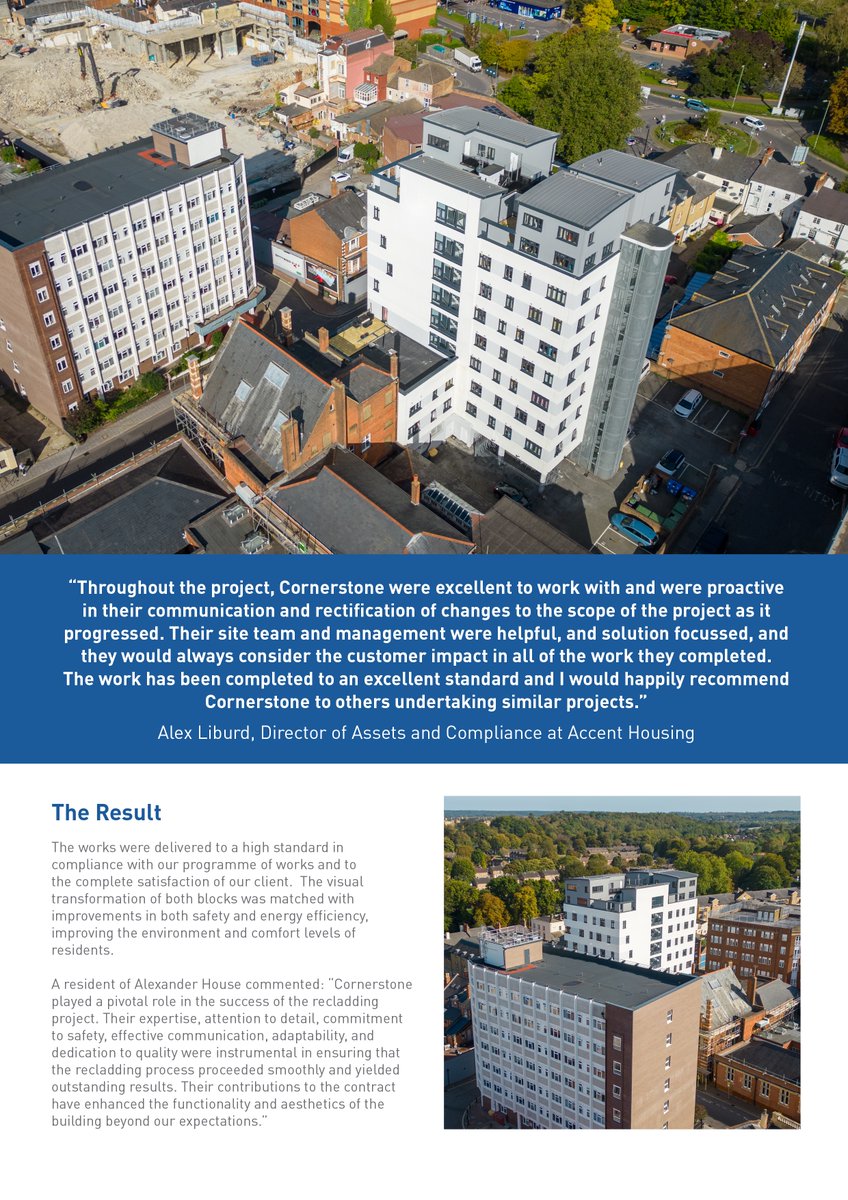 CASE STUDY: Cornerstone secured this complex high rise refurbishment project with social landlord Accent Housing in early 2022 via competitive tender.  The contract focused on the predominantly external upgrade of two tower blocks – Stafford House and Alexander House.