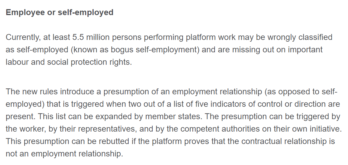 RuwanSubasinghe's tweet photo. 🚨EU Parliament &amp; Council reach deal on Platform Work Directive. While we await the final text, key issue of employment status presumption resolved - 2/5 indicators from list that can be expanded by MS (NOT a general presumption). 

👉🏾https://t.co/VJUzjAPoHe

#GigEconomy https://t.co/BZNR9L2rfG