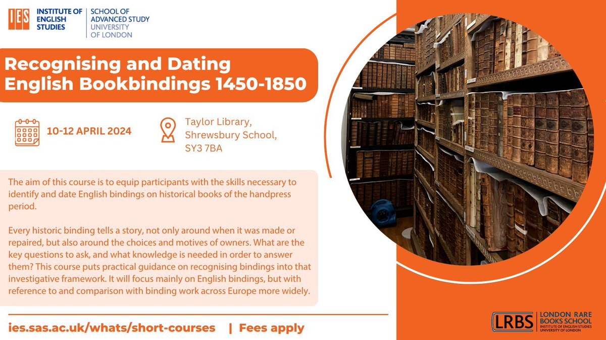 Registration is open for the 'Recognising and Dating English Bookbindings 1450-1850' @LondonRareBooks Short Course. Get your applications in! More details here: buff.ly/3MTuXo2