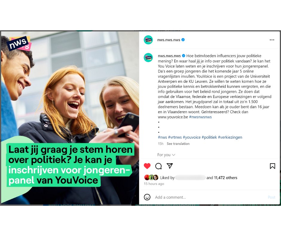 YouVoice (@youvoiceproject) on Twitter photo Gisteren werd ons project opgepikt door <a href="/nwsnwsnws/">nws.nws.nws</a>, het nieuwskanaal voor jongeren van <a href="/vrtnws/">VRT NWS</a>. We hebben al meer dan 3000 jongeren in ons panel, maar we zoeken nog steeds leden tussen de 16 - 30 jaar oud. Deel gerust onze oproep, of schrijf je in via bit.ly/inschrijvenyou… Gisteren werd ons project opgepikt door <a href="/nwsnwsnws/">nws.nws.nws</a>, het nieuwskanaal voor jongeren van <a href="/vrtnws/">VRT NWS</a>. We hebben al meer dan 3000 jongeren in ons panel, maar we zoeken nog steeds leden tussen de 16 - 30 jaar oud. Deel gerust onze oproep, of schrijf je in via bit.ly/inschrijvenyou…