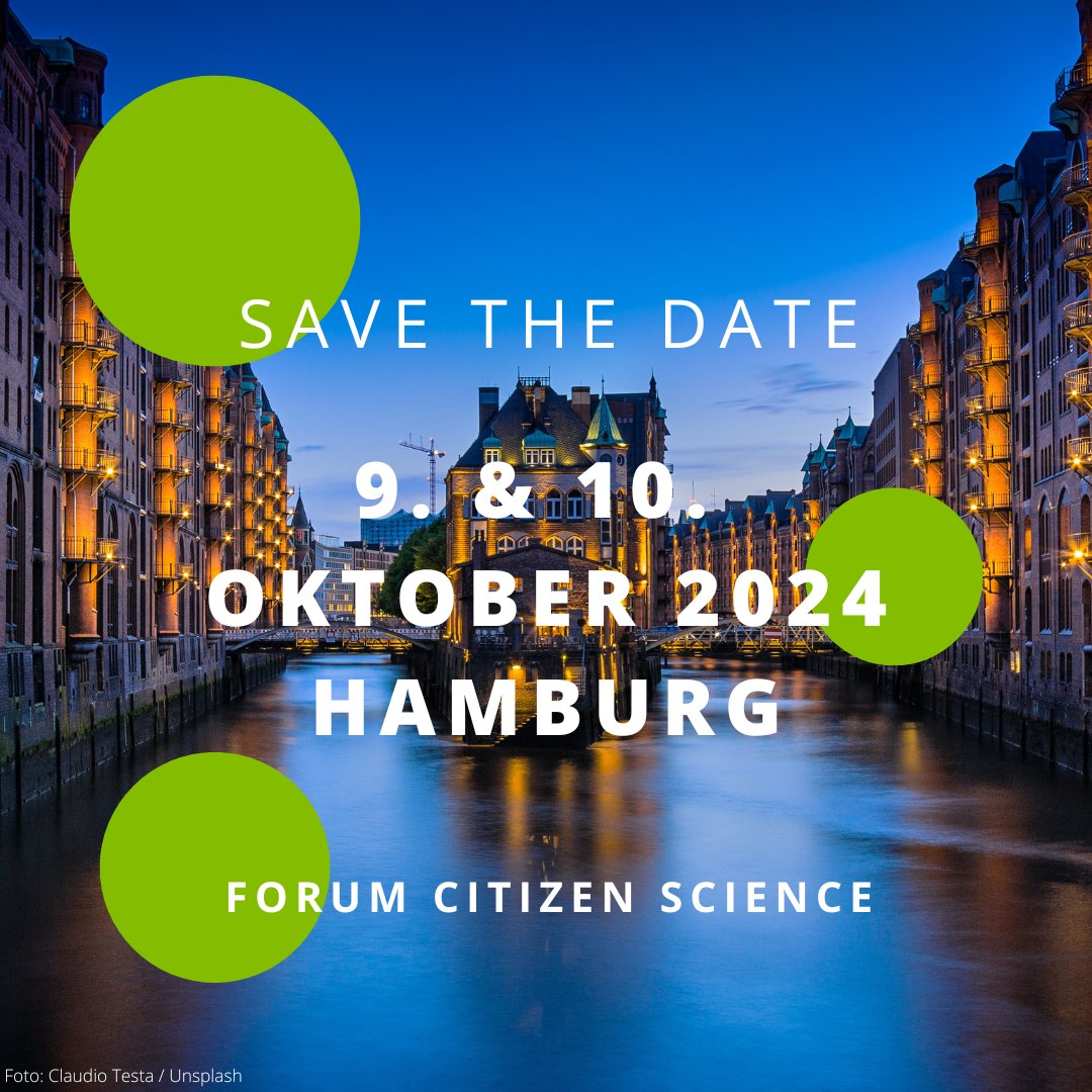 SAVE THE DATE! Wir freuen uns, euch zusammen mit der @unihh im kommenden Jahr zum siebten #ForumCS nach #Hamburg einzuladen. Die #CitizenScience-Konferenz findet am 9. und 10. Oktober 2024 statt.