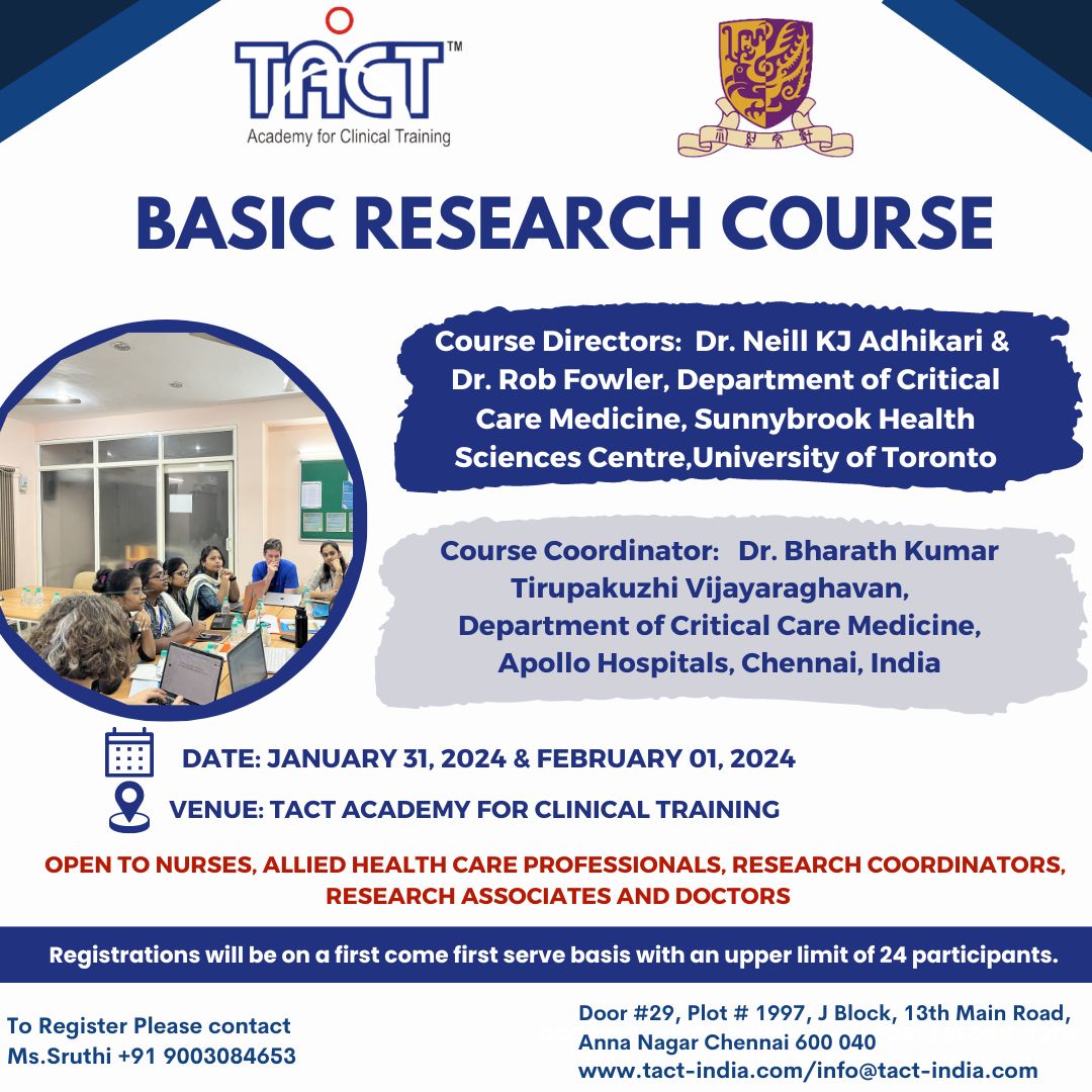 Registrations are now open! We are partnering with @Sunnybrook @UofT 's Drs.Neill Adhikari and Rob Fowler to bring this course to India. Course venue: @tact_academy Please repost to help spread the word🙏 @dr_ramakrishnan @AcuteCareTrials @ISARIC1 @rhaniffa @abi_beane