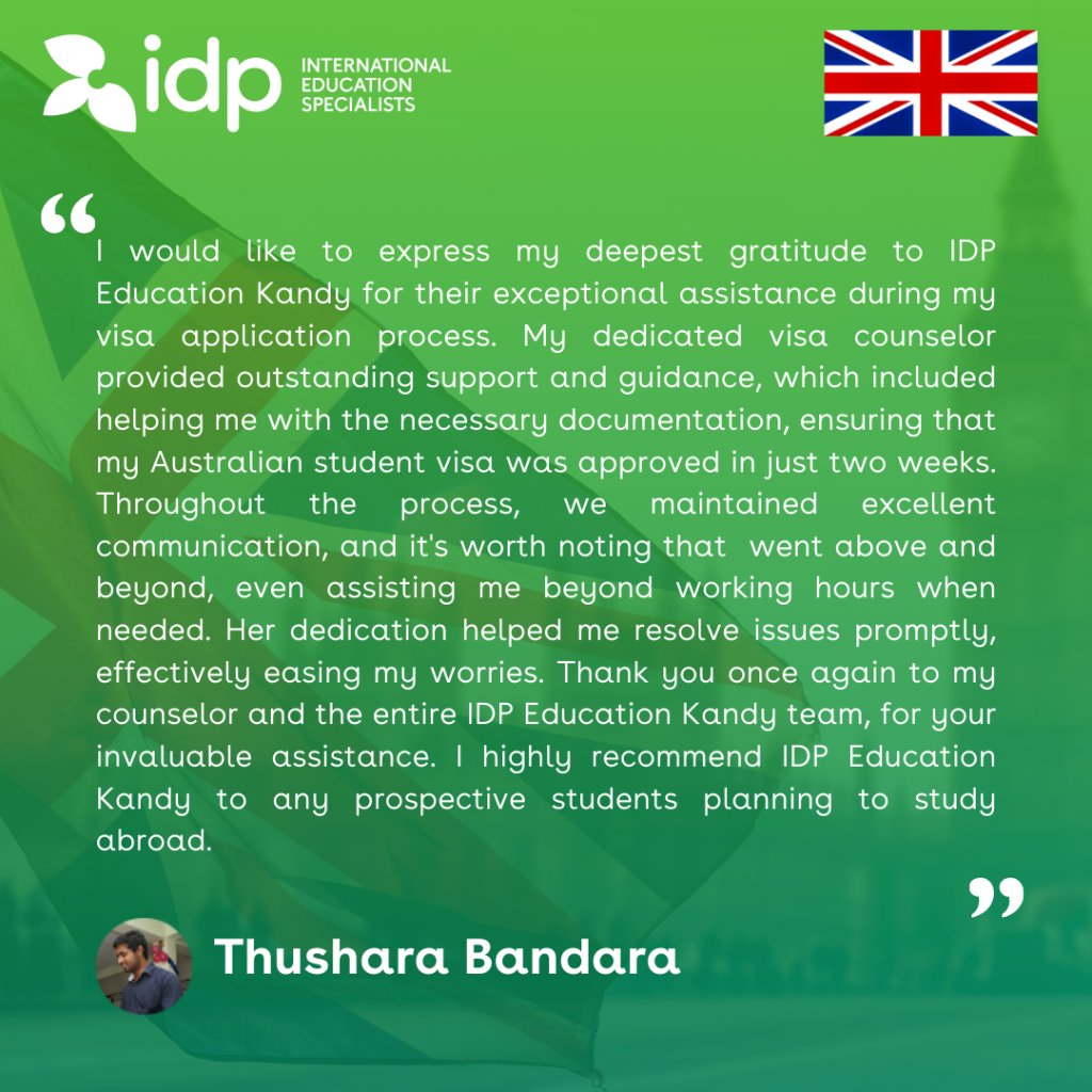 Thank you Thushara Banadara !

We wish all the best for your future!

Register with us now: srkr.io/6012Gxp

#IDP #IDPSL #IDPEducation #Ourpeople #OurPride #StudyAbroad #IDPStudyAbroad #MoreThanStudy #InternationalStudents #StudyRecommendations #Educational