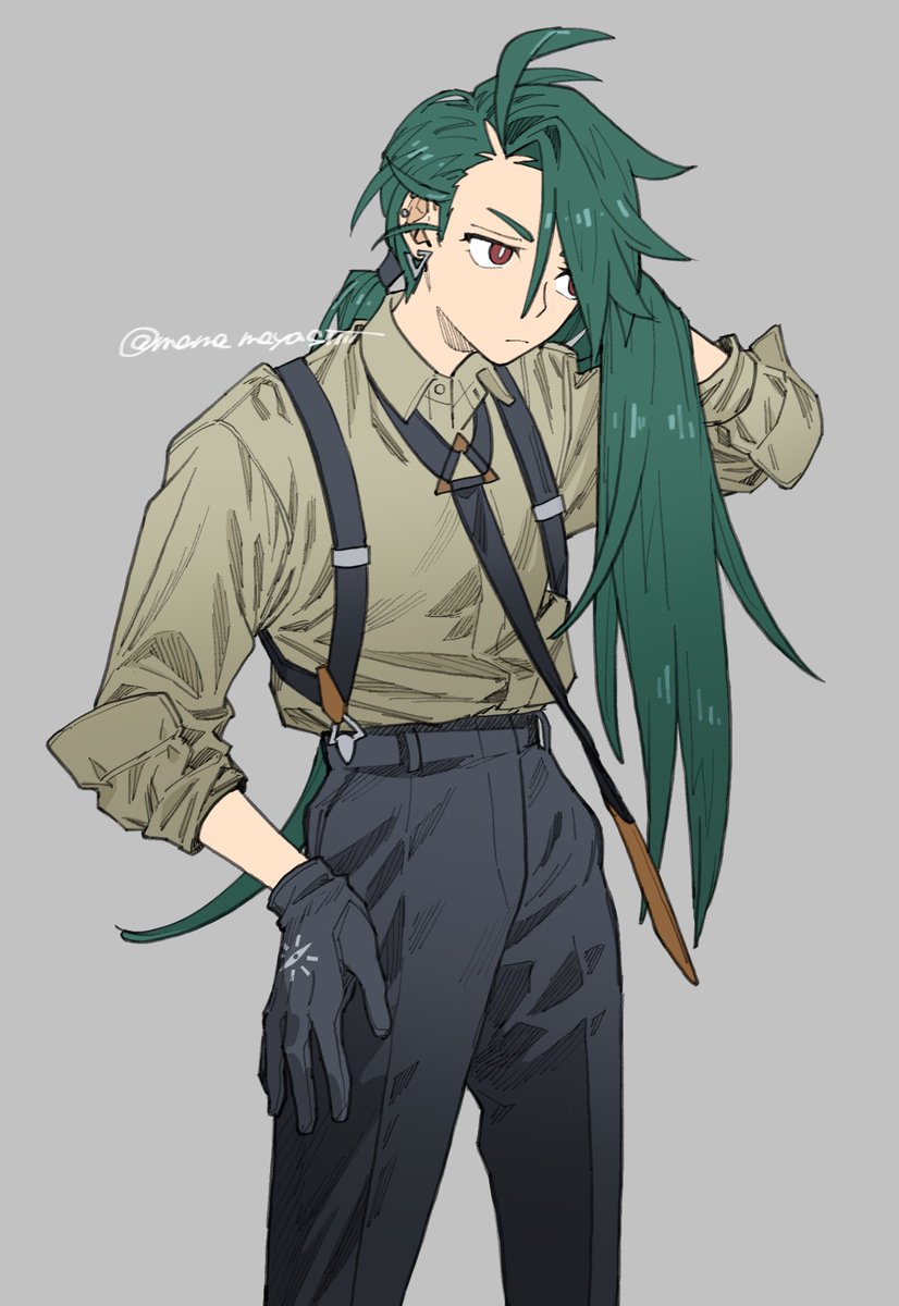 rika (pokemon) 1girl solo pants shirt long hair gloves suspenders  illustration images