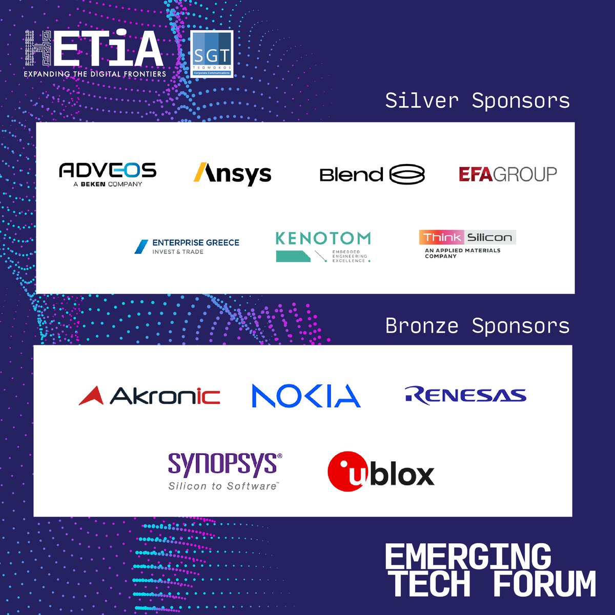 🌟 Big thanks to our Silver and Bronze sponsors! Your support elevates the Emerging Tech Forum. 🚀✨

#SponsorAppreciation #SilverSponsor #BronzeSponsor #EmergingTechForum #TechInnovation #GreeceTech #Hetia #Tsomokos
