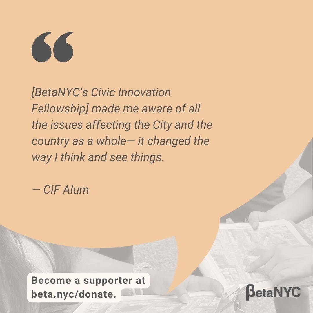 Join our mission to build an inclusive public interest technology community in NYC. We mentor NYC students as Associates. 

Support our work at &lt; beta.nyc/donate &gt;. Thank you!