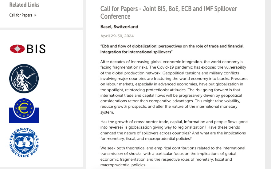 MacroPru's tweet image. Call for Papers - April 2024 Joint BIS, BoE, ECB and IMF #Spillover Conference @bankofengland @ecb @IMFNews @BIS_org #Spillovers #macroprudential imf.org/en/News/Semina…