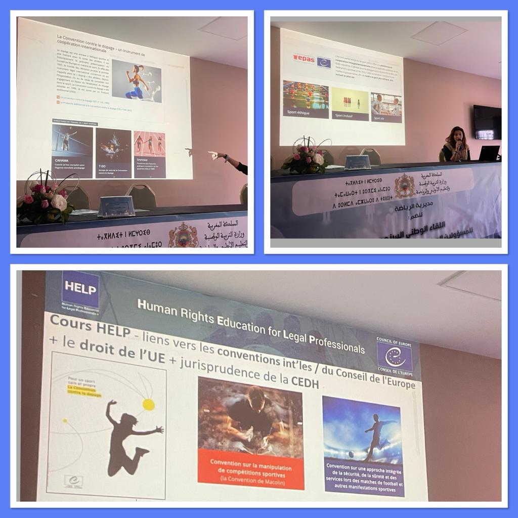 Présentation du cours <a href="/CoEHELP/">Council of Europe HELP Programme</a>
Droits humains et sports <a href="/CoE_Sports/">Council of Europe Sport</a> pour les responsables régionaux et provinciaux du sport 
 <a href="/MENPSGOV/">وزارة التربية الوطنية والتعليم الأولي والرياضة</a>   
  #Sport 🇲🇦   #COE_Rabat # #ComplexeSportifMohamedV 
Cours HELP gratuit et certifiant  help.elearning.ext.coe.int