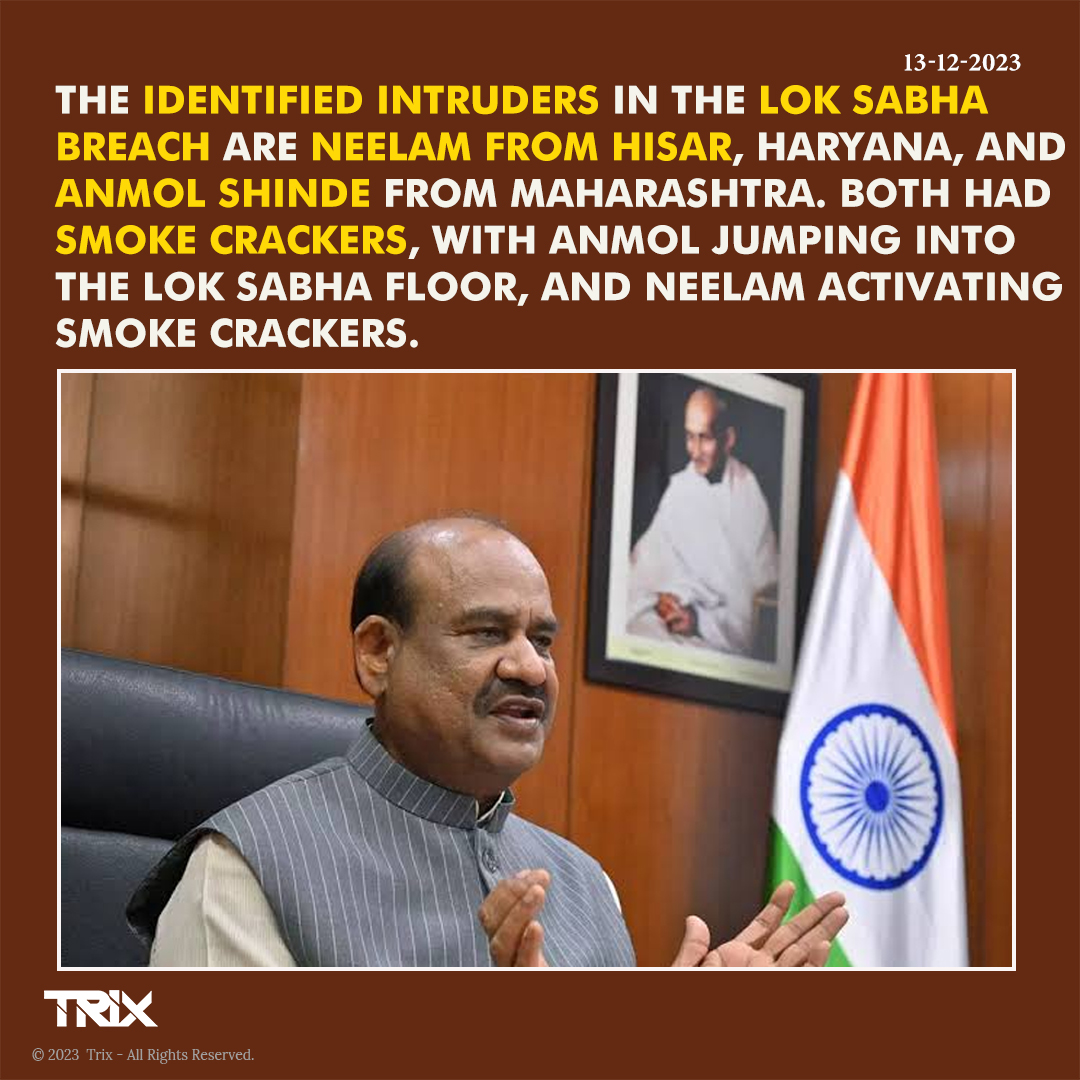 'Identified Intruders in Lok Sabha Breach: Neelam from Haryana and Anmol Shinde from Maharashtra'

#LokSabhaIntruders #SecurityBreach #ParliamentIncident #Neelam #AnmolShinde #Haryana #Maharashtra #SecurityAlert #ParliamentSafety #SmokeCrackers
#trixindia