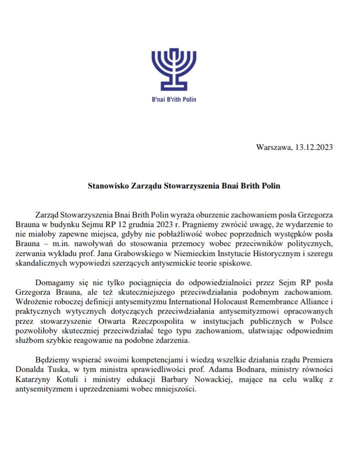 B'nai B'rith Polin (@bnaibrithpolin) on Twitter photo Stanowisko Zarządu <a href="/BnaiBrithPolin/">B'nai B'rith Polin</a> w związku z oburzającym antysemickim incydentem w budynku Sejmu RP 12 grudnia 2023. Zarząd deklaruje wsparcie dla wszelkich działań ministra <a href="/Adbodnar/">Adam Bodnar</a>, ministry <a href="/KotulaKat/">Katarzyna Kotula</a> i ministry <a href="/barbaraanowacka/">Barbara Nowacka</a> w celu przeciwdziałania podobnym zdarzeniom. Stanowisko Zarządu <a href="/BnaiBrithPolin/">B'nai B'rith Polin</a> w związku z oburzającym antysemickim incydentem w budynku Sejmu RP 12 grudnia 2023. Zarząd deklaruje wsparcie dla wszelkich działań ministra <a href="/Adbodnar/">Adam Bodnar</a>, ministry <a href="/KotulaKat/">Katarzyna Kotula</a> i ministry <a href="/barbaraanowacka/">Barbara Nowacka</a> w celu przeciwdziałania podobnym zdarzeniom.