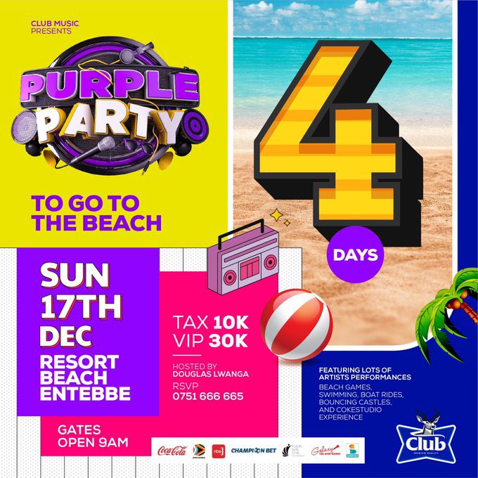 It's almost time to turn the beach into a dancefloor! 4 days until #PurplePartyTour hits Resort Beach Entebbe with exceptional talent and vibes. STAY TUNED| #SanyukaUpdates