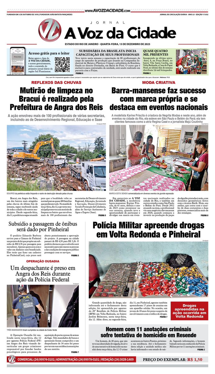 Confira a #CapaDoDia do jornal 𝘼 𝙑𝙊𝙕 𝘿𝘼 𝘾𝙄𝘿𝘼𝘿𝙀 desta quarta-feira, dia 13 de dezembro de 2023. 
Acesse gratuitamente a versão on-line 👉🏽 👉🏽 encurtador.com.br/nyTV0.
Para mais notícias acesse o 👉🏽 👉🏽 avozdacidade.com.
Boa leitura!