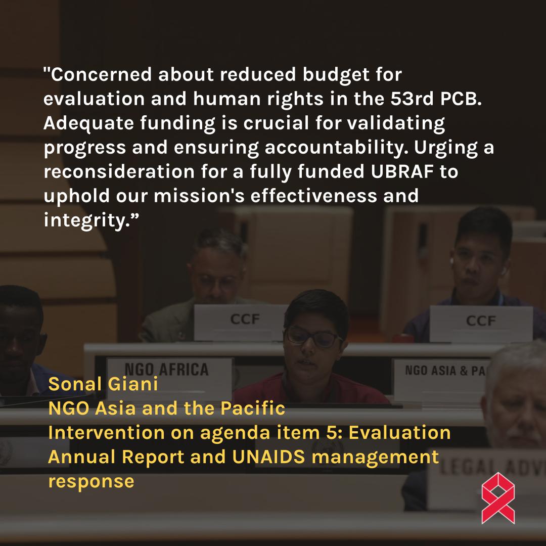 Statement delivered by Sonal Giani, NGO Asia and the Pacific, on agenda item 5: Evaluation Annual Report and UNAIDS management response #LetCommunitiesLead #HIVresponse unaidspcbngo.org/pcb-meeting/53…