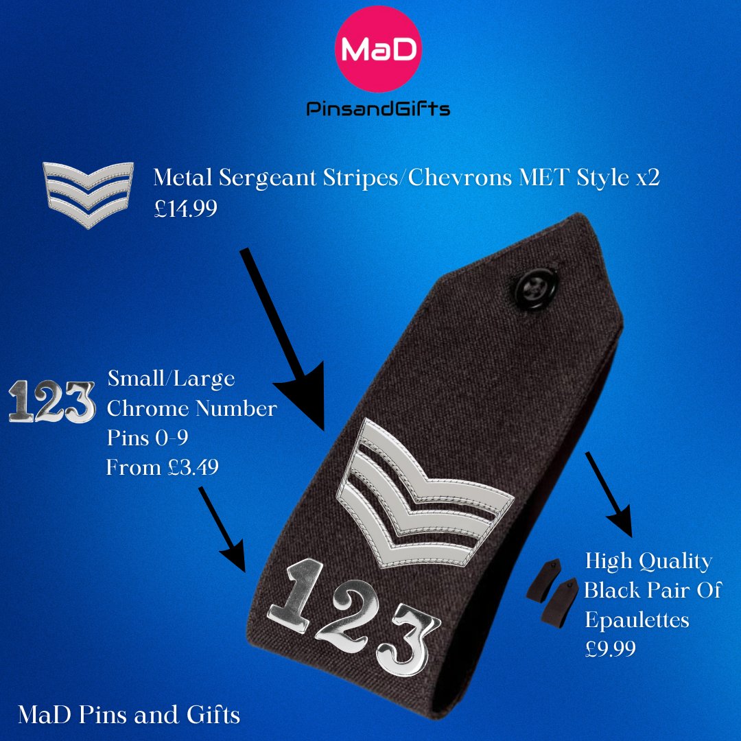 Roped edge Met style! 🔥 
These Sergeant stripes epaulette pins are selling fast! 🔥 
Grab yours now!
All items in the picture are available to purchase here 🛒 mad-pinsandgifts.uk/collections/ve…

#sergeant #sergeantstripes #pinbadge #epaulette #numberpins #uniform #police #security