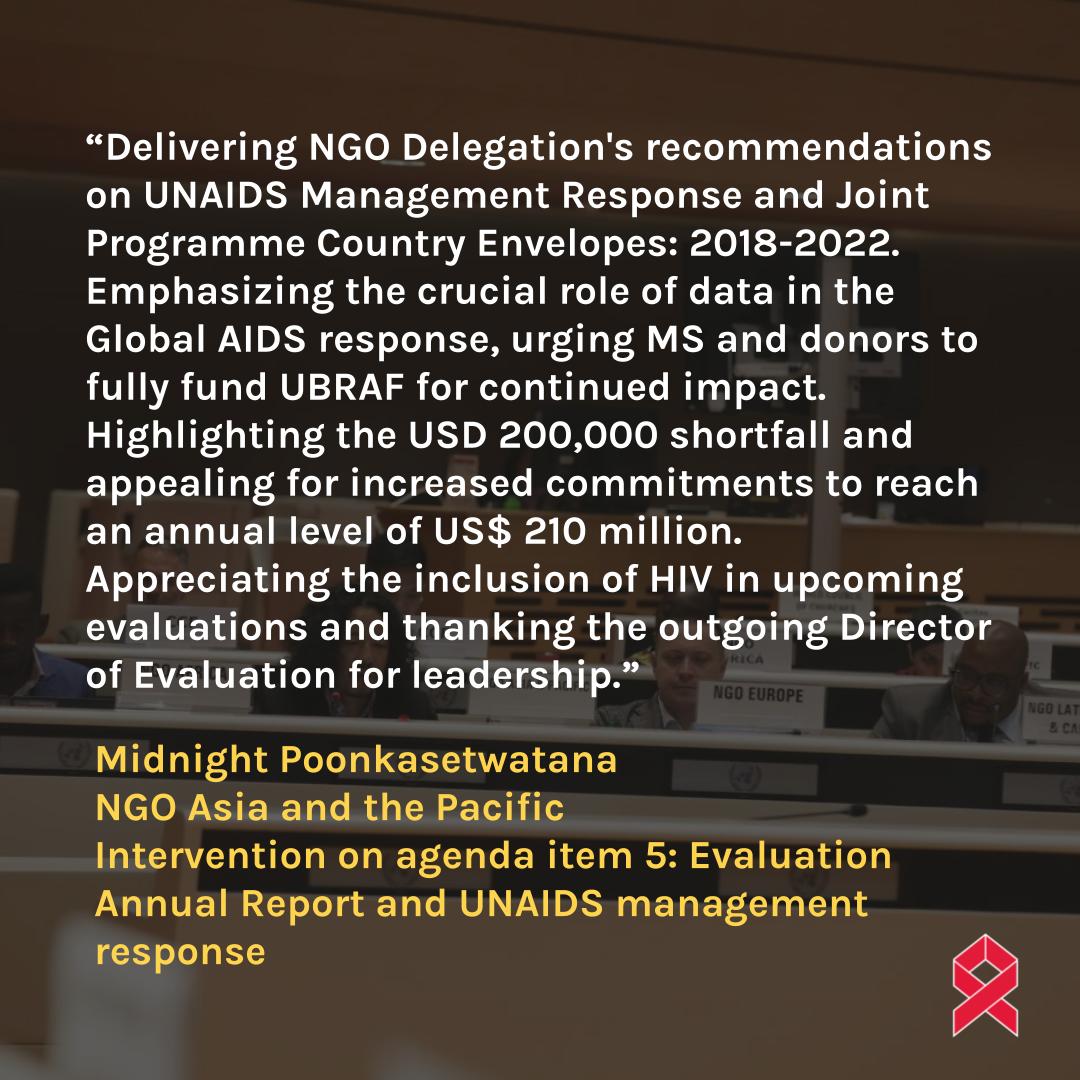 Statement delivered by Midnight Poonkasetwatana, NGO Asia and the Pacific, on agenda item 5: Evaluation Annual Report and UNAIDS management response #LetCommunitiesLead #HIVresponse unaidspcbngo.org/pcb-meeting/53…