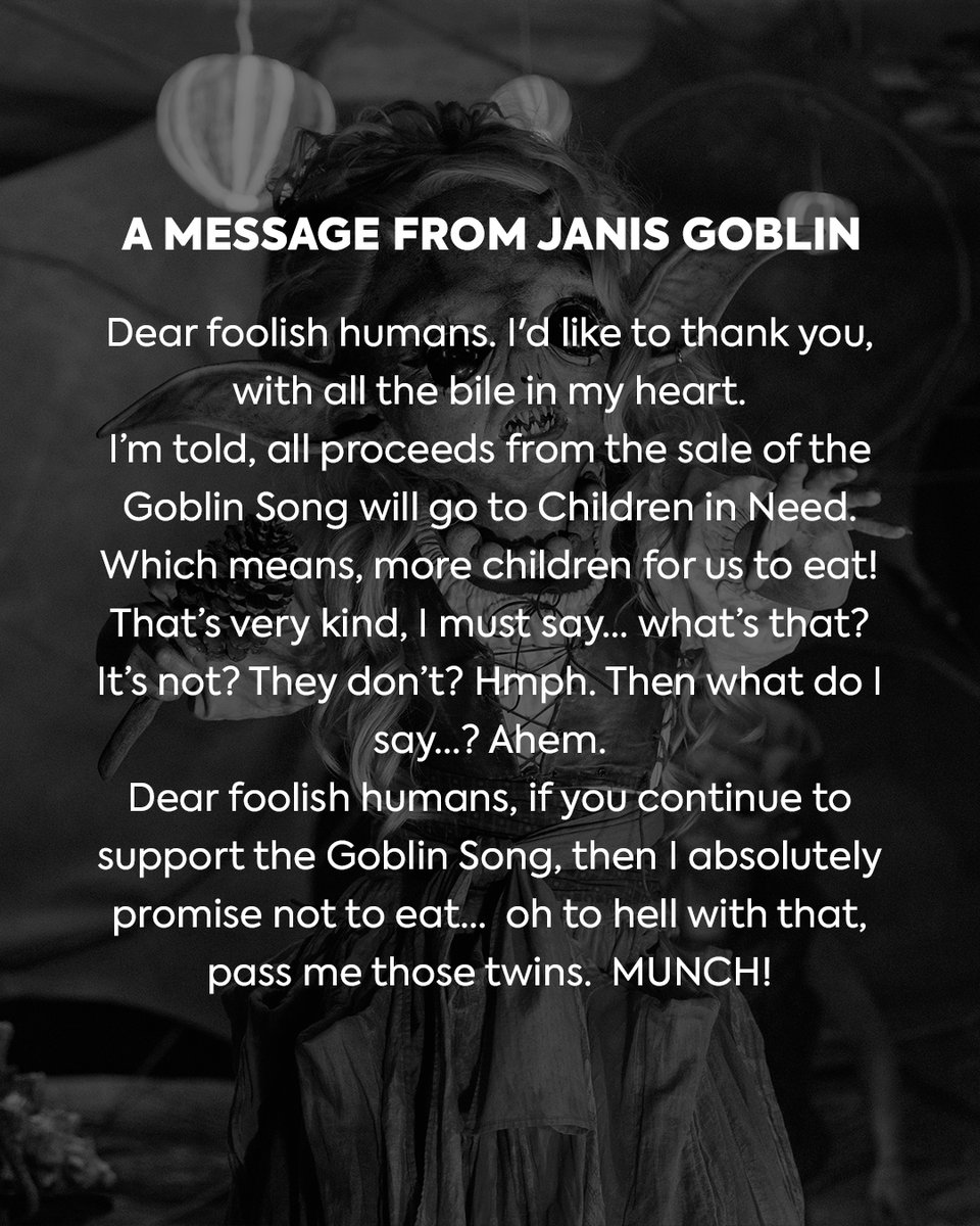 A massive thank you to everyone who has helped push THE GOBLIN SONG up in the charts! 🧌📈 All proceeds from the #DoctorWho Christmas single will go to BBC Children in Need @BBCCiN ❤️‍🩹❤️‍🩹 And now, a word from the diva herself, Janis Goblin...