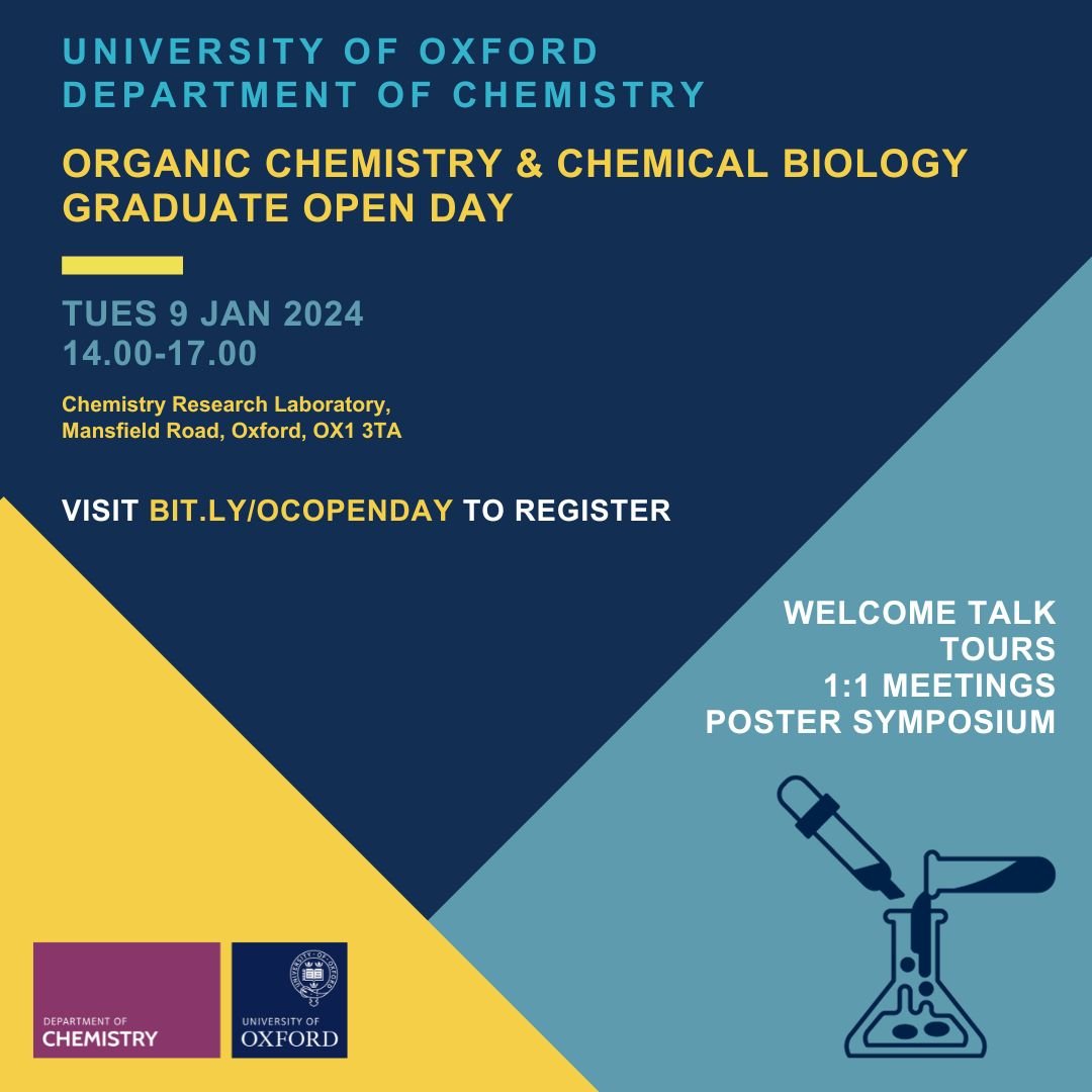 Come along to our Organic Chemistry graduate studies open day on the 9 January 2024!
Visit bit.ly/OCOpenday to register.