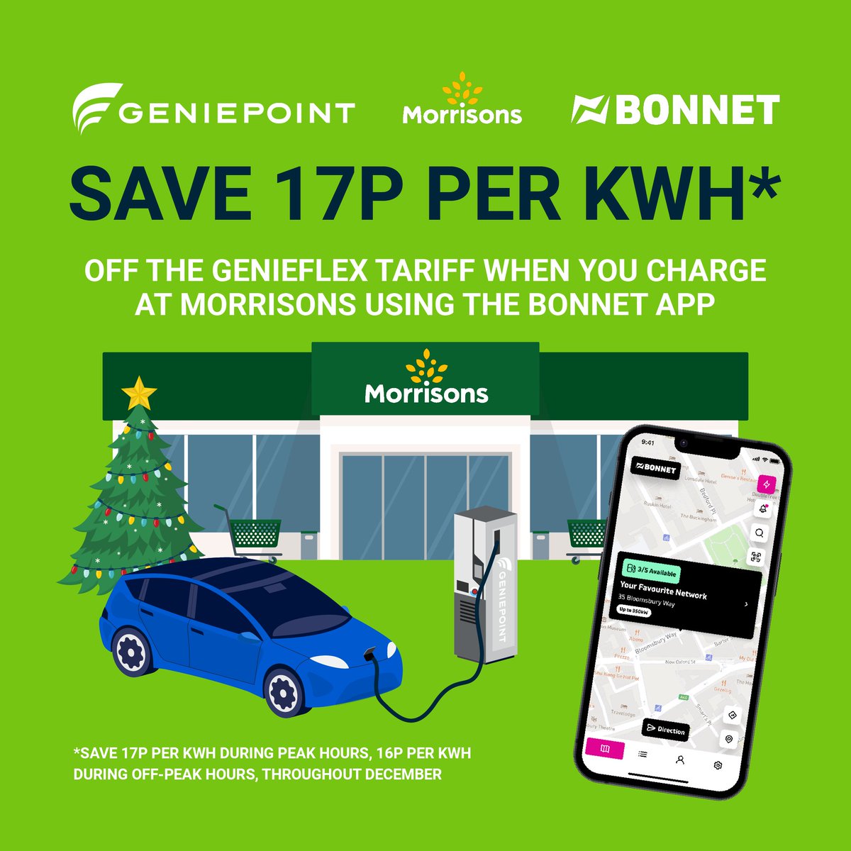 Your Christmas shop made even better with discounted charging! Just use the <a href="/joinbonnet/">Bonnet - part of the OVO family</a> app to charge on the GeniePoint network at <a href="/Morrisons/">Morrisons</a>  throughout December to get the offer🎅🛍️🎉

All the offer information is here: drivers.geniepoint.co.uk/blog/geniepoin… 

#MorrisonsCharging #BonnetApp