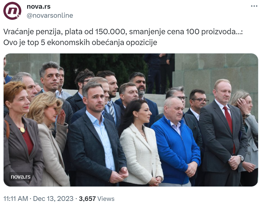 SasaRadulovich's tweet photo. А опозиција којој се име не спомиње и која није добила ниједан једини позив да гостује на "слободним и независним медијима" нуди:

1. увођење реда - попис и процена им��вине, укидање тајниих уговора и јавно трошење јавног новца и закон о пореклу имовине

2. смањење пореза и доприноса за трећину, прогресивно чиме би се практично укинула сива економија која је данас, због неразумних пореза и доприноса, 20%-30% БДП-а

3. укидање теста самосталности за предузетнике и фриленсере и привилегован порески третман да сви пожеле да постану предузетници и региструју се.

4. динаризација банкарског система који ће дати доступне кредите у динарима без валутних клаузула

5. увођење задруга по холандском моделу, обрачун са увозничким лобијем и маржама прекупаца и накупаца који убијају сељака, враћање домаће прерађивачке индустрије

А тек ово све ће довести до повећања плата, повећања запошљавања, повећања квалитета хране.

А враћање пензија је ДЈБ предложио законом још 2018.године и драго нам је што је то преузето. Нема на чему. Наш предлог закона каже и како: све оно што је одузето се мора вратити месец за месец уз законску затезну камату.