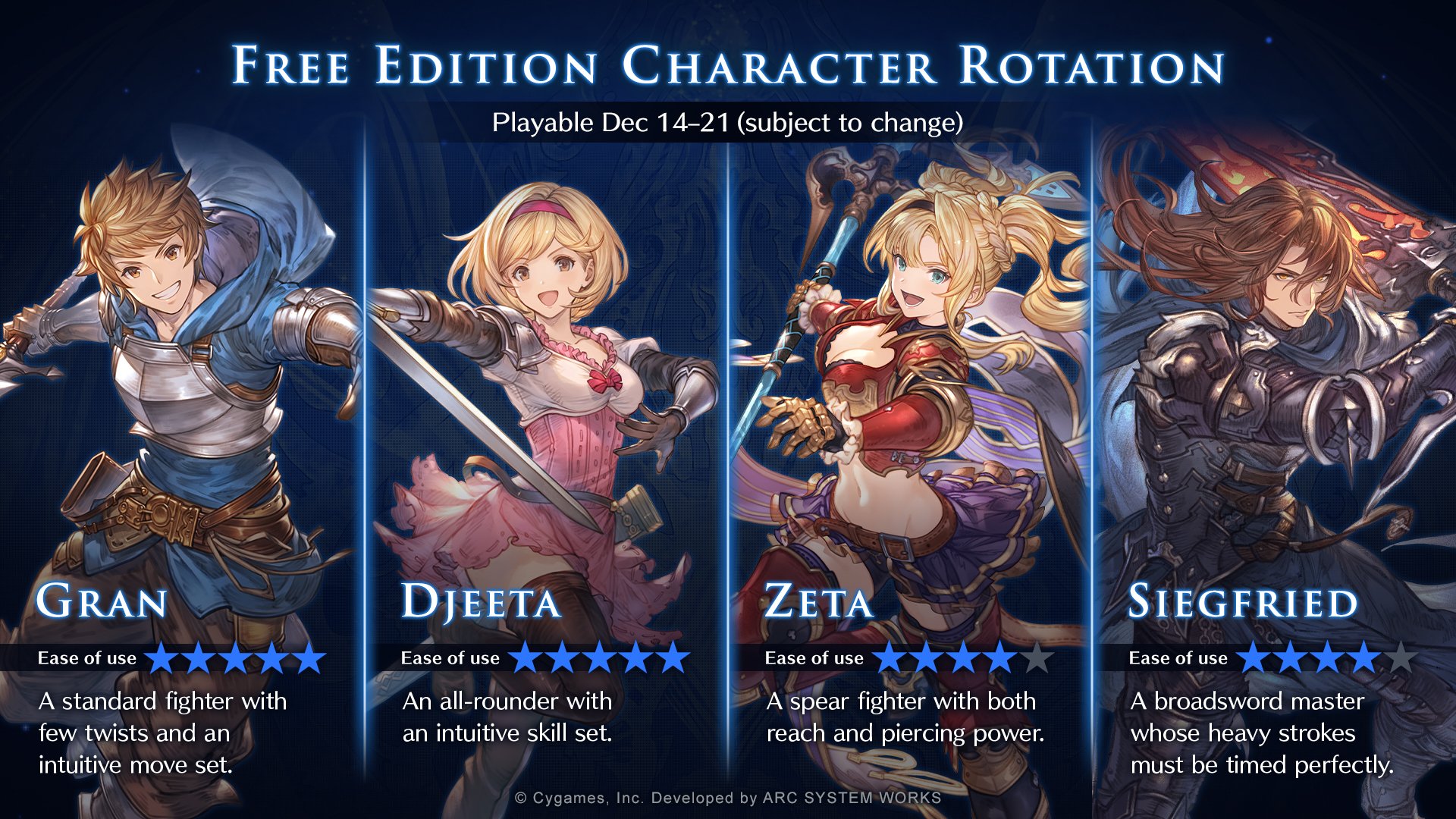 GBVS/Granblue Fantasy Versus on X: Jump on the Free Edition now to play as  these four characters in #GBVSR: 💎 Gran 💎 Djeeta 💎 Zeta 💎 Siegfried Fly  solo in Arcade or