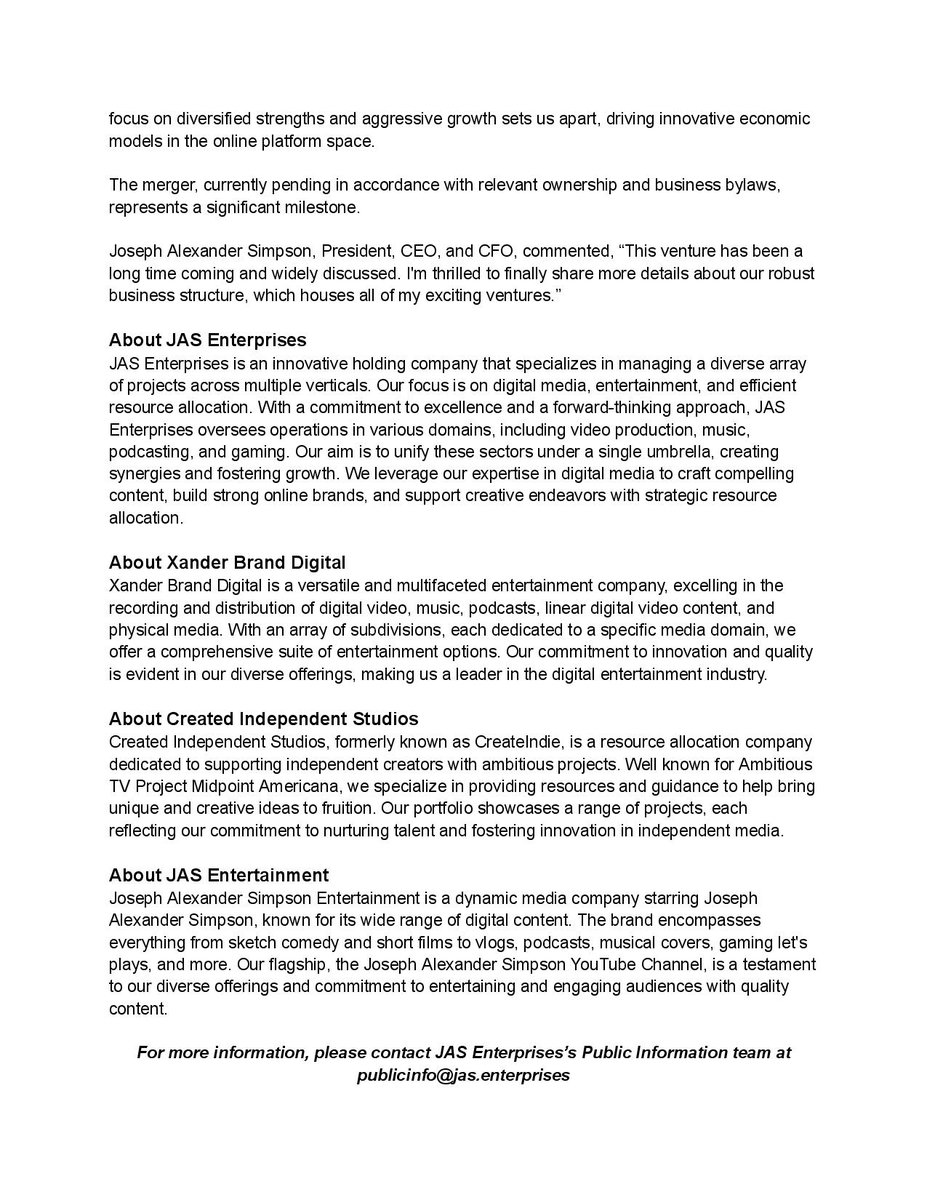 MidpointAmerica's tweet image. Xander Brand Digital, a leader in digital entertainment, is excited to announce a strategic merger with Joseph Alexander Simpson's business ventures, including Created Independent Studios and his personal YouTube. (JAS Enterprises).

jas.enterprises/blog/2023/12/1…