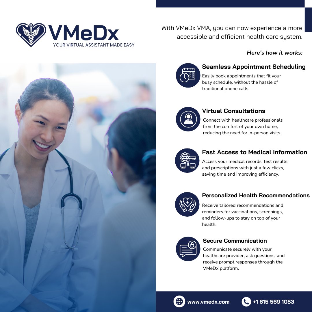 Say goodbye to long waiting times and hello to convenience with VMeDx's Virtual Medical Assistants!

#VMeDx #VirtualMedicalAssistant #EfficientHealthcare #ConvenientScheduling #VirtualConsultations #FastAccessToInformation #HealthcareMadeEasy