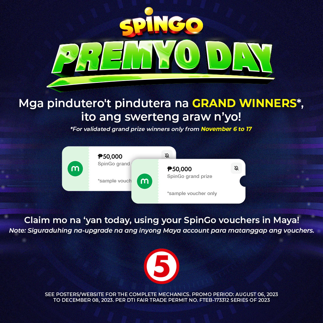 TV5manila's tweet image. Mga Pinduteros at Pinduteras na GRAND WINNERS from November 6 to 17, &apos;wag ninyong kalimutang i-upgrade ang inyong Maya accounts para makuha ang inyong vouchers to claim your prizes! 🥳

#SpinGoTV5