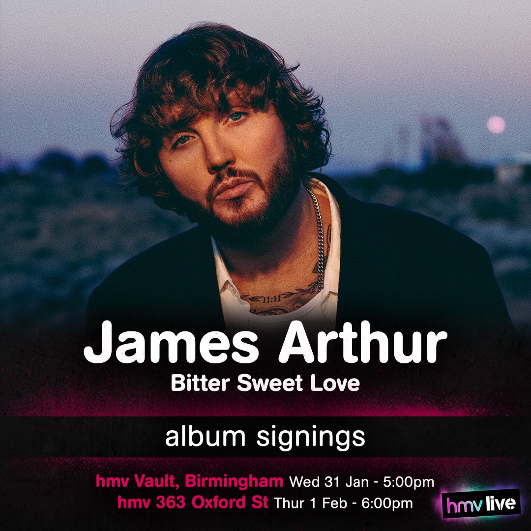 🔔Event Alert🔔

@JamesArthur23 will be joining us at 6pm on Thursday 1st February 2024 to sign copies of his new album #BitterSweetLove 

To secure your entry see 👇
hmv.com/live 

#hmvLive #hmv363OxfordSt #hmvForTheFans #JamesArthur