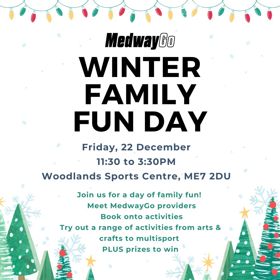 Join us next week for the #MedwayGo Winter Family Fun Day at Woodlands Sports Centre on Friday, December 22, from 11:30 AM to 3:30 PM! ❄️

Meet providers, enjoy arts, crafts, multi sports and book activities. PLUS prizes to win! Don't miss out on the family fun 🤩

#HAF2023