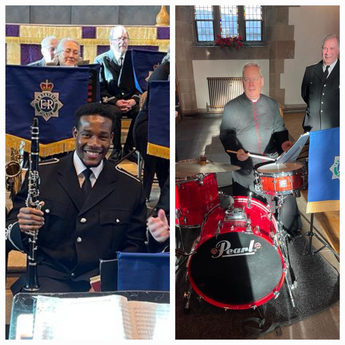 Parish Church staff now taking over @BandMerseyside. That's Fr @crispin_pailing on drums and our Parish Assistant, Derby, on the clarinet.