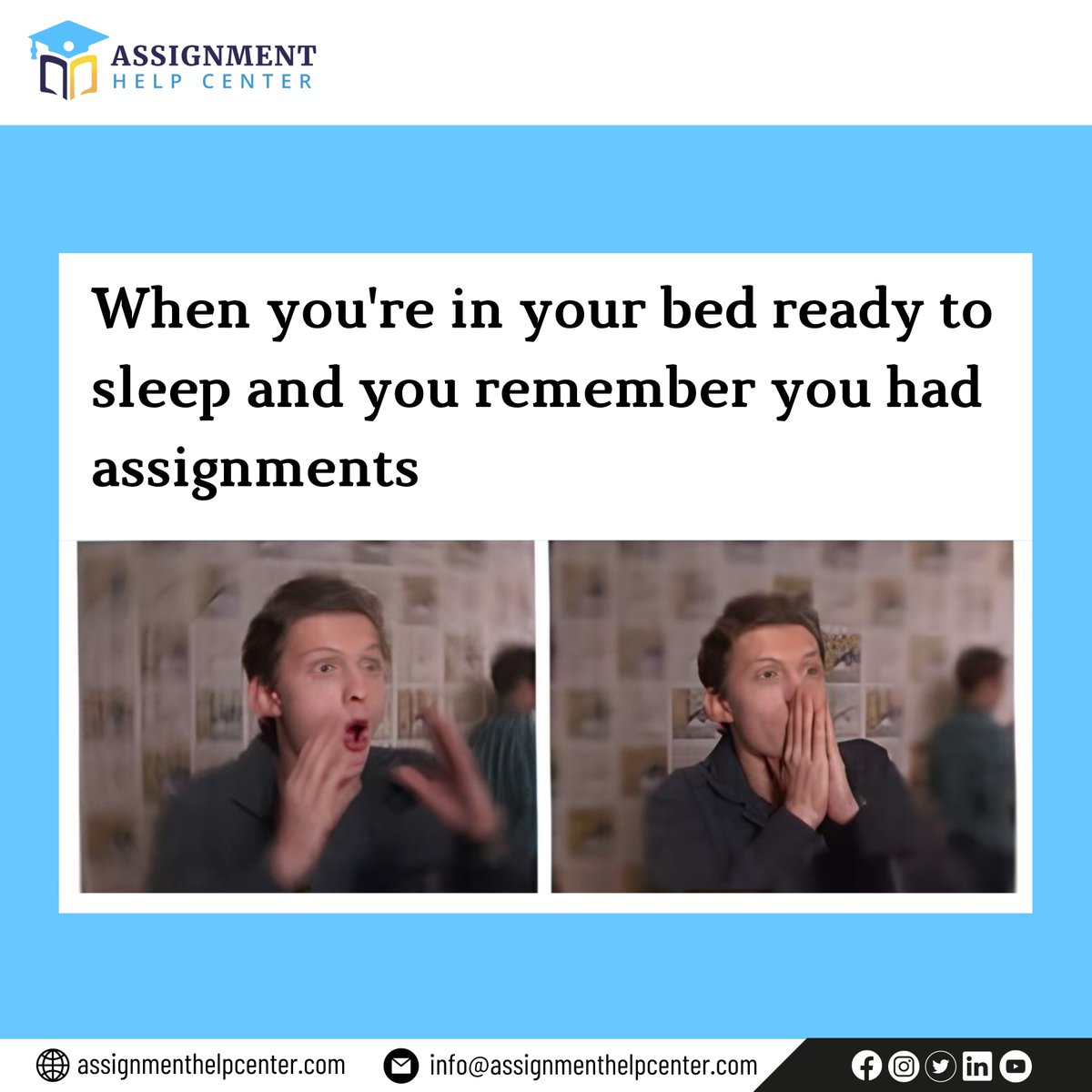ACenter93301's tweet image. When bedtime hits, but your brain suddenly reminds you of pending assignments!

Contact Us:
🌐Assignmenthelpcenter.com
📧info@assignmenthelpcenter.com

#LateNightRealization #studentproblems #assignmentmeme #AssignmentHelpCenter #AssignmentHelp #Assignmentwriting #writingservices