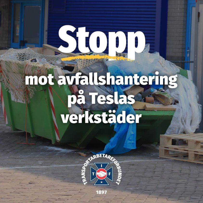 ✖️ Transport varslar om blockad mot all avfallshantering vid Teslas verkstäder i Sverige. 💪
🕐 Blockaden träder i kraft den 24 december klockan 00.01, om inget avtal tecknats mellan IF Metall och Tesla innan dess.