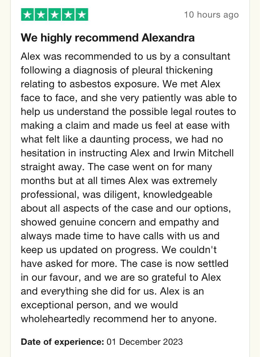 A massive well done to my colleague @lausen_aj for an outstanding Trust Pilot review! Well done Alex! #LifeatIM #AsbestosRelatedDisease #ClientCare @irwinmitchell