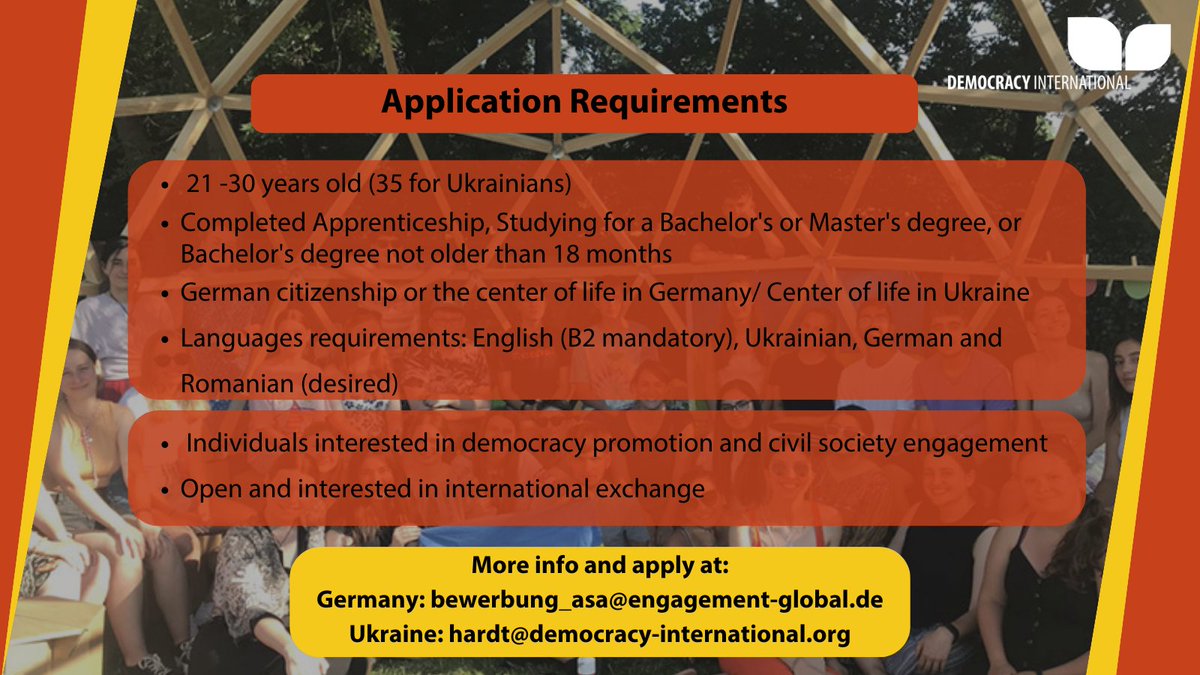 🇬🇧:
Are you convinced of the importance of citizen participation and dialogue for social cohesion in Europe?  Do you enjoy getting to know new perspectives of your fellow citizens?

Apply now at:
asa.engagement-global.de/bewerbung.html
Project description:
asa.engagement-global.de/projekt-detail…