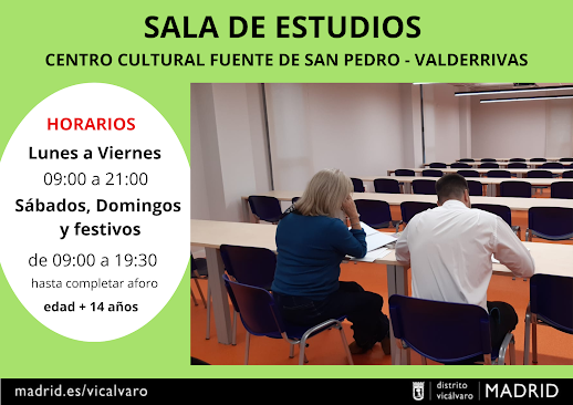 El nuevo C.C.Fuente de San Pedro – Valderrivas (C/ Titanio, 5) cuenta con una diáfana sala de estudios con capacidad para 50 personas y un amplio horario: De Lunes a Viernes de 9:00 a 21:00 Horas y de 9:00 a 19:30 sábados, domingos y festivos.